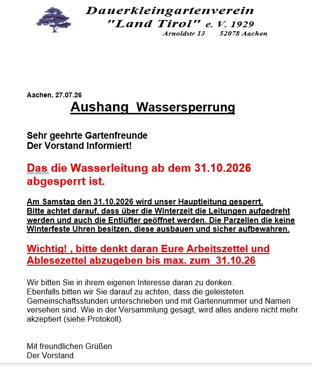 wassersperrung 2026