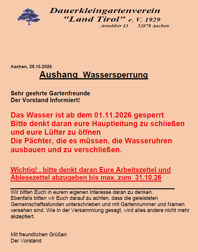 aushang wassersperrung
